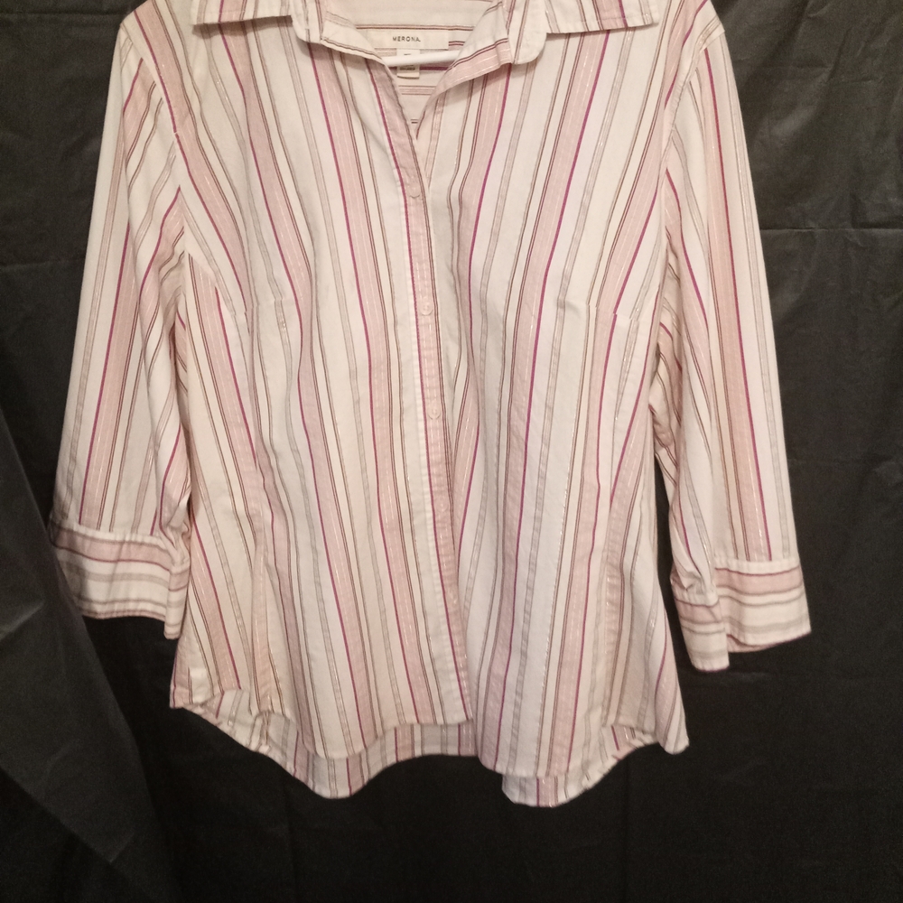 White and Pink 3/4 Sleeve Button Down Shirt with Notched Collar